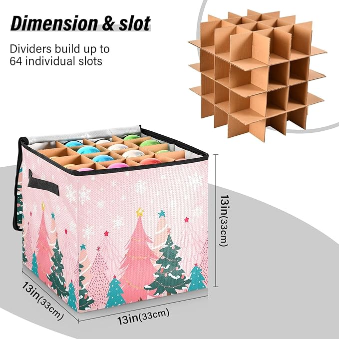 Pink Christmas Tree Ornament Storage Basket Box Winter Snowflake Xmas Holiday Storage Container Cube with Adjustable Dividers for 64 Holiday Ornaments or Decorations Keep Clean and Dry for Next Season