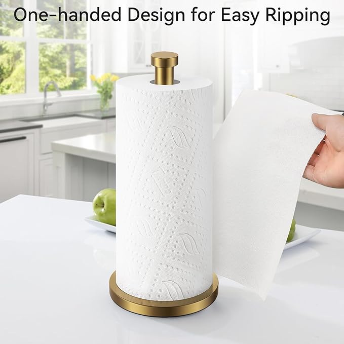 Paper Towel Holder Countertop, Gold Paper Towel Roll Holder for Kitchen Bathroom, One-Handed Operation Stainless Steel Paper Towel Holder with Weighted Base
