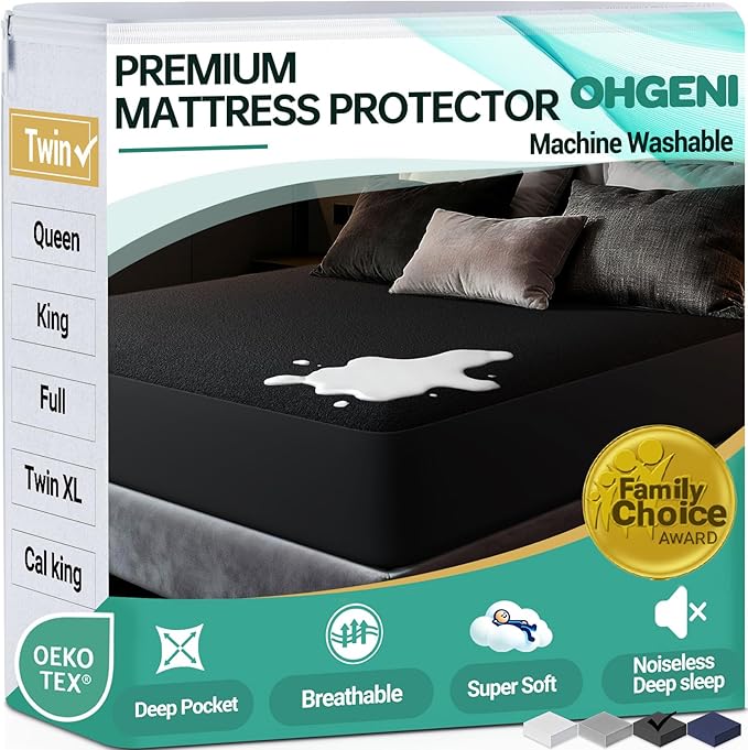 OhGeni 100% Waterproof Mattress Protector, Twin Black Size, 6''-16'',Fitted Sheet with Deep Pockets, Premium Noiseless Breathable Soft Hypoallergenic Material, Mattresses Cover for Bed