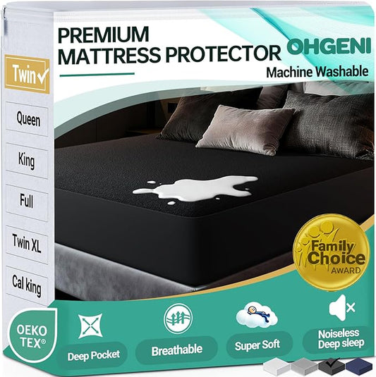 OhGeni 100% Waterproof Mattress Protector, Twin Black Size, 6''-16'',Fitted Sheet with Deep Pockets, Premium Noiseless Breathable Soft Hypoallergenic Material, Mattresses Cover for Bed