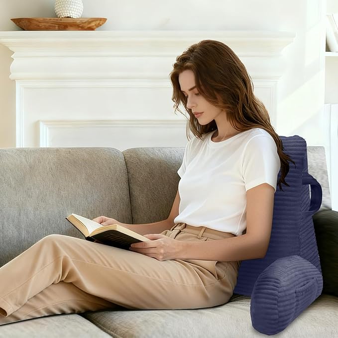 Reading Pillow for Sitting in Bed Adult, Bed Reading Pillow with Shredded Memory Foam, Back Pillow for Sitting with Arms and Pockets, Deepblue