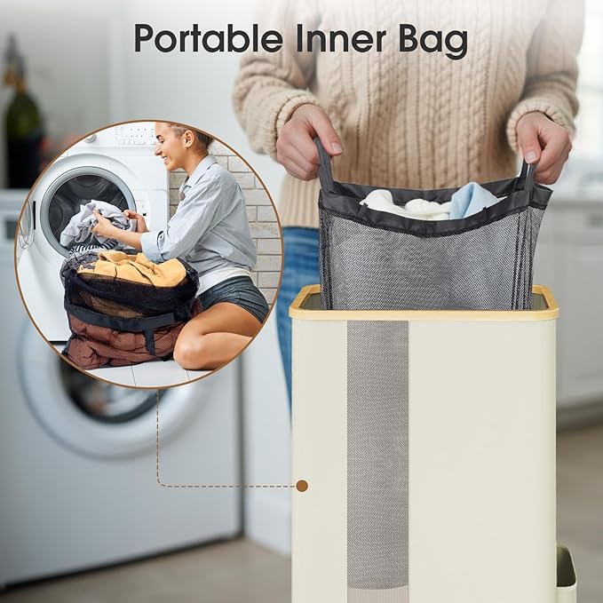 SpaceTrove Laundry Basket Clothes Hamper with Lid and Pocket Large Collapsible Laundry Baskets with Handle, Freestanding Hampers for Bedroom Aesthetic, Dorm, Bathroom, Laundry Room (100L, Beige)