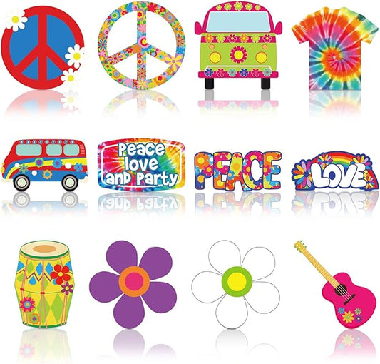 Junkin 60 Pieces Hippie Groovy Party Decoration Tie Dye Birthday Party Cutouts Accents Hippy Retro Flower Peace Sign Boho Daisy Cutouts 60's Vibe Spring Home Wall Decoration