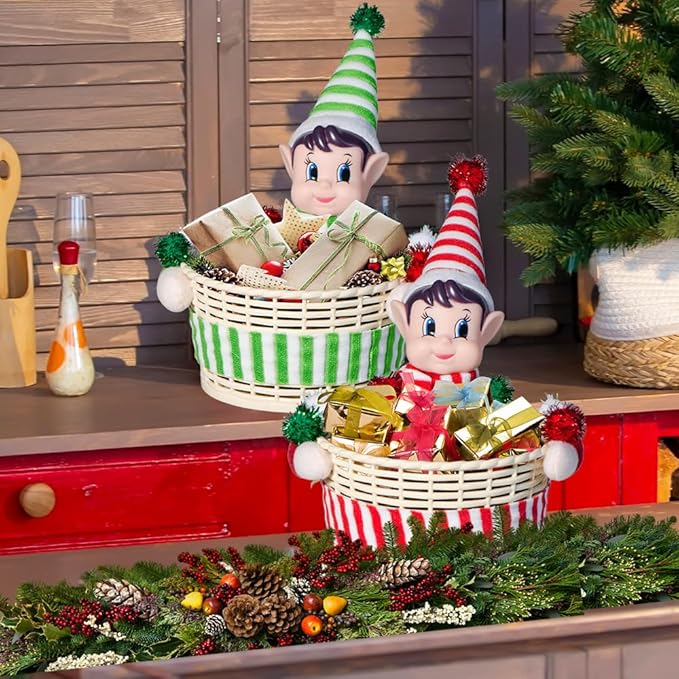 Christmas Elf Storage Gift Basket Ornament, Small Empty Xmas Box Decoration Cute Plastic Organizer Basket for Kids Elf Holder for Gift,Chocolate,Toys or Candies Christams Decor (Red)