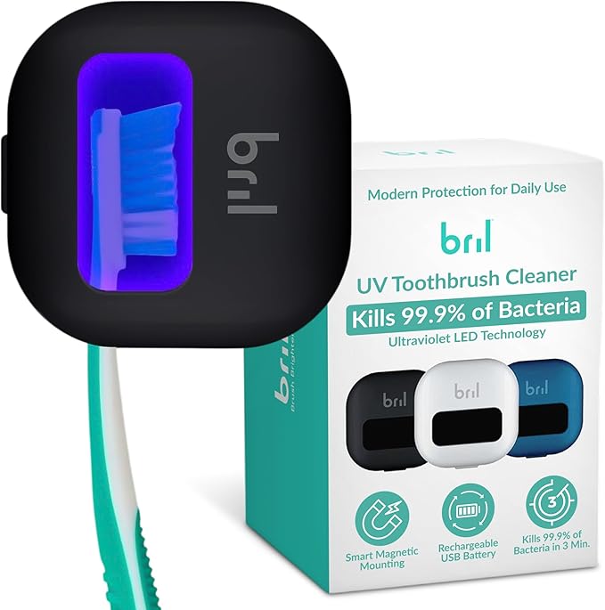 Bril UV-C Toothbrush Cleaner and Holder – Wall Mounted Toothbrush Head Cover, Electric & Manual Brush Cleaner Cover Case with Magnetic Mount, Portable, Durable, Rechargeable, Universal Fit – Black