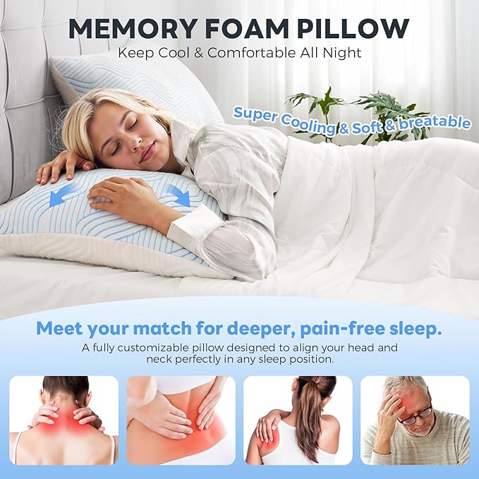 Cooling Bed Pillows for Sleeping 2 Pack Shredded Memory Foam Pillows King Size Set of 2 Adjustable Supportive Pillow for Back Stomach Side Sleepers Washable Removable Cover