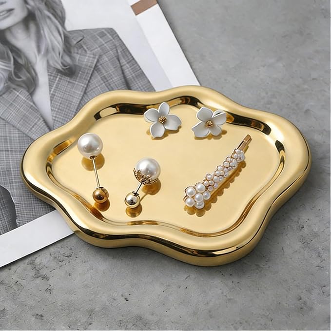 Jewelry Tray for Women, Cloud Shape Ceramic Trinket Dish, Jewelry Organizer Storage Holder for Ring Earring Bracelet Necklace, Make Up Organizer (White) (Gold)