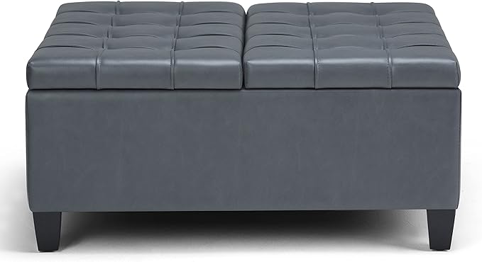 SIMPLIHOME Harrison Coffee Table Storage Ottoman - 36 inch Wide Upholstered Vegan Leather Square Lift-Top Ottoman in Stone Grey, Transitional Ottoman for Living Room with Hidden Storage