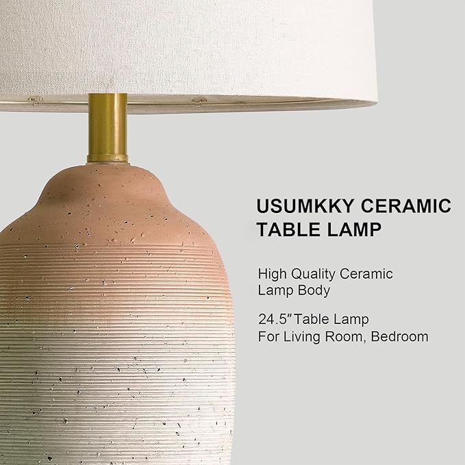 USumkky 24.5" Ceramic Table Lamp with 5FT Cord, Single Farmhouse Vintage Rustic Bedside Lamp for Living Room Bedroom Entryway, Linen Shade Nightstand End Table Decor (Bulb Not Included)-White&Brown