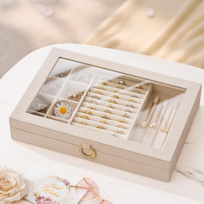 bussdis Glass Lid Jewelry Organizer Box – Beige Velvet Jewelry Case with Ring Slots, Necklace Hooks & Removable Compartments for Earrings, Rings & Bracelets