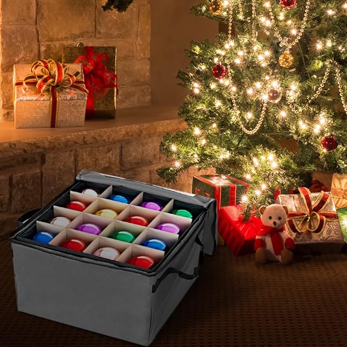 ProPik Holiday Ornament Storage Box Organizer Chest, With 3 Separate Removable Trays Holds Up to 48 Ornaments Balls, Three separated Trays With Dividers To Organize Bulbs (Gray)
