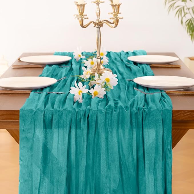 Socomi 3pcs Teal Blue Spring Cheesecloth Table Runner Boho Rustic Gauze 120 inch 10FT Cheese Cloth Runner for Wedding Party Baby Shower Birthday Home Decor