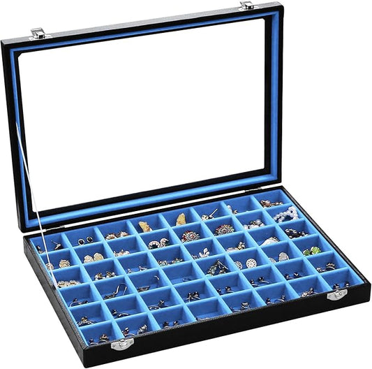 Stratalife Jewelry Organizer 48 Grid Jewelry Tray with Clear Lid Dust-proof Velvet Earring Organizer Necklace Rings Holder Display Drawer Storage Case for Women Blue Black