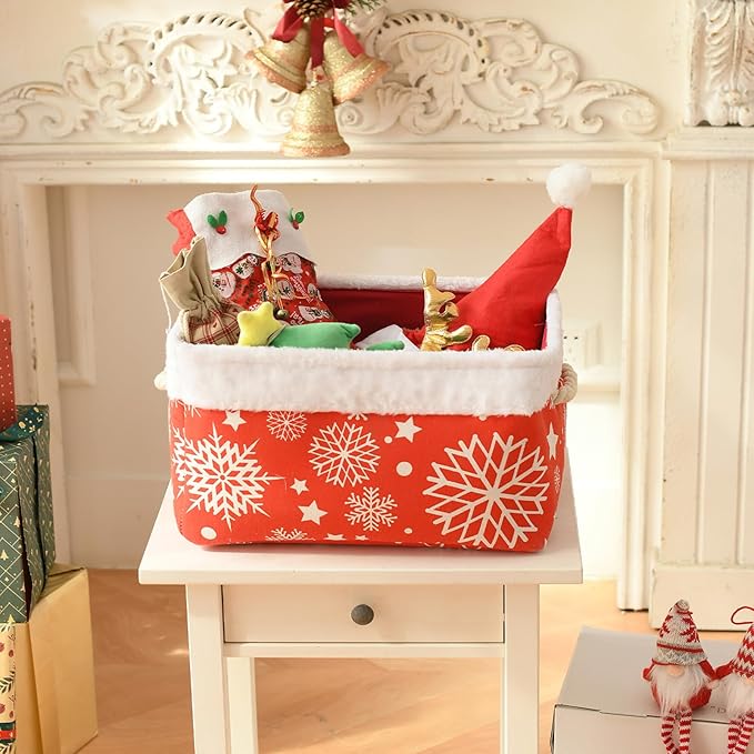 INough Christmas Ornament Storage Box Holiday Decoration Organizer, Christmas Basket for Kids Large Gifts Baskets Empty with Handles Christmas Santa Sack with Drawstring (Large, Snowflake)