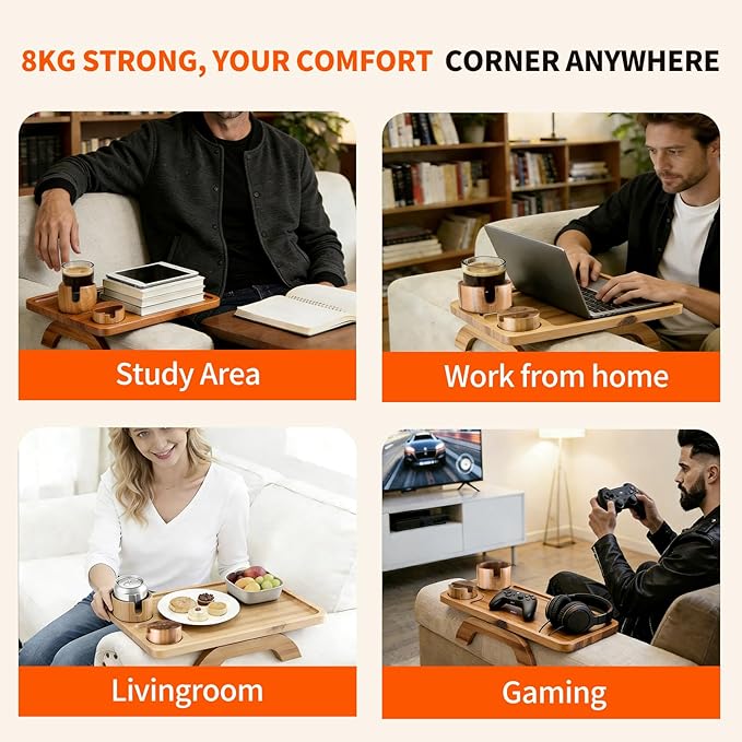 DUMOS Couch Arm Tray, 3 in 1 Clip on Sofa Arm Tray with 360° Rotating Phone Holder, Foldable Couch Armrest Table for Drinks & Snacks, Brown