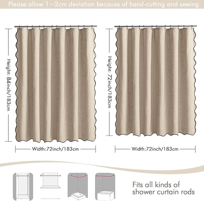 MIULEE Copper Brown Scalloped Shower Curtain Linen Textured with 12 Metal Hooks Cute Heavy Duty Washable Waterproof Thick Cloth Shower Curtains with Black Border for Bathroom Hotel Bathtub,W72*L72