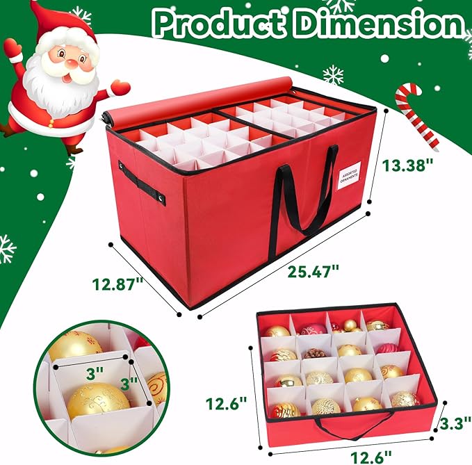 Christmas Ornament Storage Box, Ornament Storage Container with 8 Trays, Xmas Decoration Organizer Holds Up to 128 Decoration Balls, Durable 600D Oxford Material（Red）