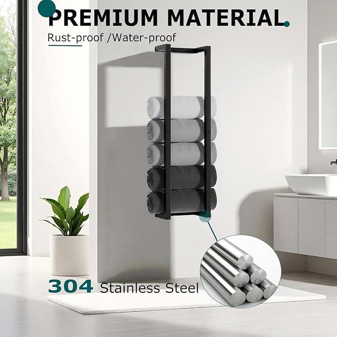 2 Pack Towel Rack for Bathroom, VIDA-ZONE 304 Stainless Steel Wall Mounted Towel Holder, 30 Inch Bathroom Towel Organizer for Rolled Bath Towels, Holds 6 Large Towels,Matte Black