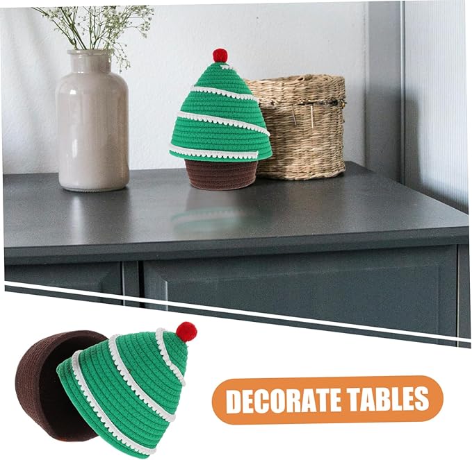 Garneck Christmas Tree Shape Woven Basket Lid Decorative Cosmetic Storage Holder for Home Organization Christmas-themed Desktop Container for Sundries Personal Items