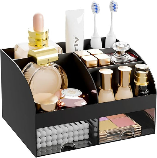 Makeup Organizer with 2 Drawers, Cosmetic Storage for Dresser Vanity and Bathroom Countertop,Make up organization and Skincare Storage with Beauty Brush Holder, Cosmetic Display Case (Black)