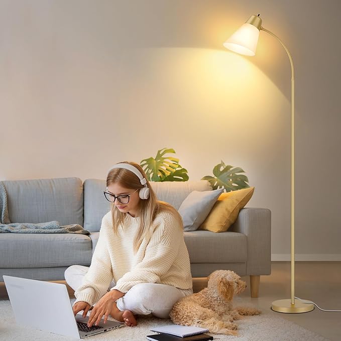 Coucrek Floor Lamp for Living Room, Adjustable Standing Room Lamp with White Plastic Shade, Gold Reading Floor Lamps for Dorm, Bulb not Included