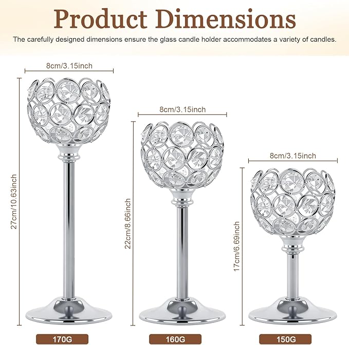 Crystal Candle Holders 4 Set of 12 - Sliver Vintage Hollow Ball Candle Stand for Table Centerpiece, Crystal Metal Tealight Candlestick for Wedding, Dining Room Decor