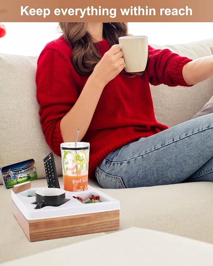 Couch Cup Holder Tray, Silicone Acacia Wooden Couch Caddy with Cup Holder for Snacks, Drinks, Remotes, Waterproof Cup Holder for Couch, Organizer, Couch Drink Holder, Pillow, Easter Gifts