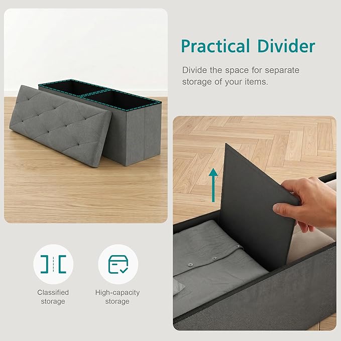 VECELO 43'' Folding Storage Ottoman Bench, Storage Chest, Linen Fabric Foot Rest Stool, 158L Storage Footstools for Bedroom and Living Room, Holds up to 660 lbs, DGRY