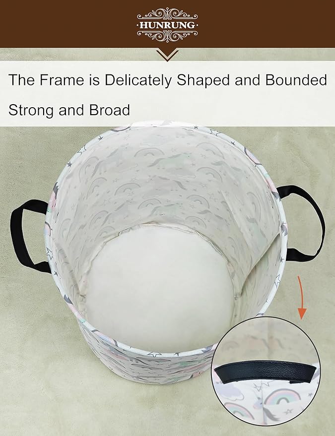 HUNRUNG Collapsible Fabric Storage Basket, Waterproof Laundry Hamper with Handles, Round Storage Bin for Clothes Toys, Foldable Organizer for Bedroom Nursery Bathroom(Round-Star Unicorn)