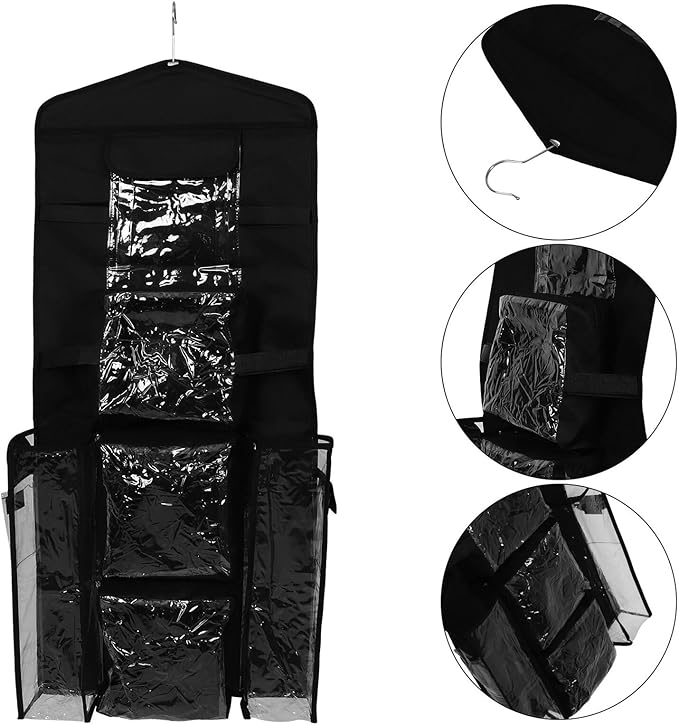 Hanging Wrap Storage Bag with Pockets, Over-The-Door Closet Organizer, Heavy-Duty Black Oxford Fabric, Wall-Mounted Wrapping Paper Holder for Home Packaging