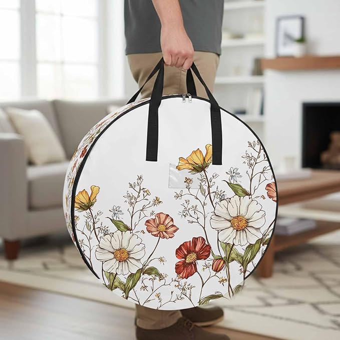 Daisy Flowers Round Storage Bag 30 Inch, Plants Spring Clothes Storage Container with Handles Heavy Duty Organizer for Comforter, Bedding & Holiday Wreaths