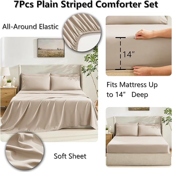 CozyLux King Size Comforter Set Wheat, 7 Pieces Bed in a Bag, Wheat Comforter King Size, All Season Bedding Sets with Stitch Quilted Comforter, Flat Sheet, Fitted Sheet, Pillowcases