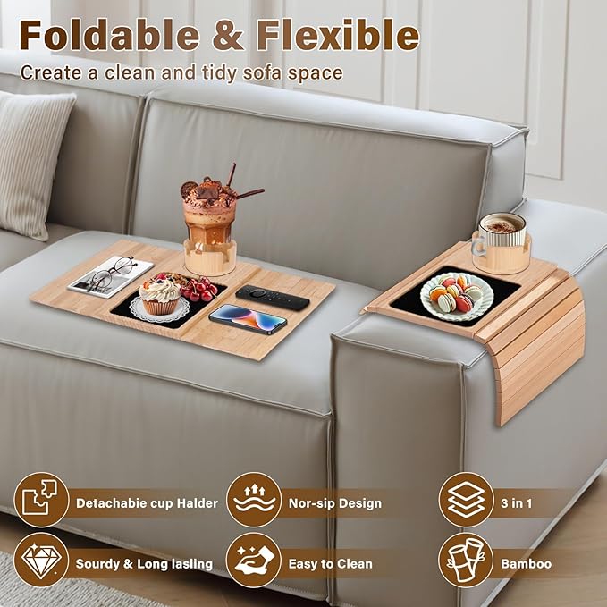 Couch Cup Holder Tray, 3-in-1 Bamboo Couch Armrest Table with 360° Rotating Magnetic and Detachable Phone Holder Stand, Foldable Anti-Slip Sofa Arm Tray for Remote, Phone, Snacks and Drinks