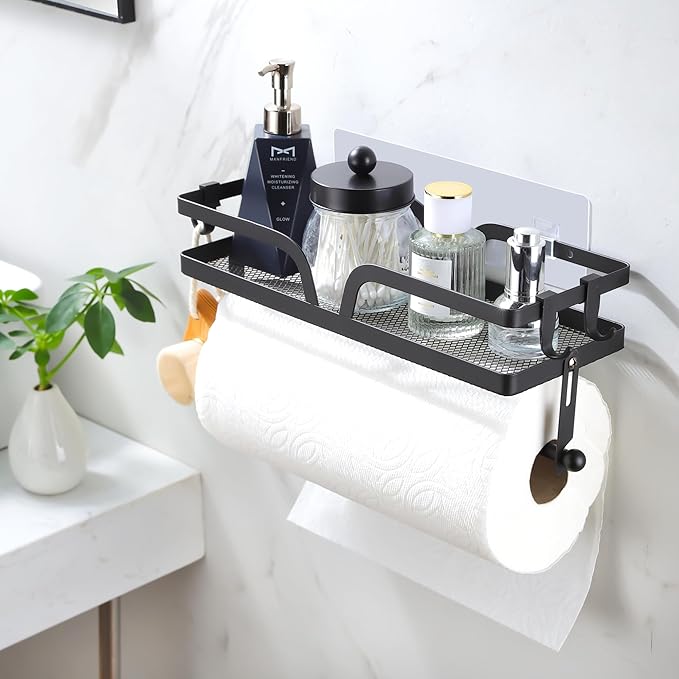 Taozun Paper Towel Holder with Shelf, Kitchen Paper Holder Spice Rack Black Paper Towel Roll Holder RV Paper Towel Rack with 4 Hooks(2 Installation Methods - Self-Adhesive and Drilling)
