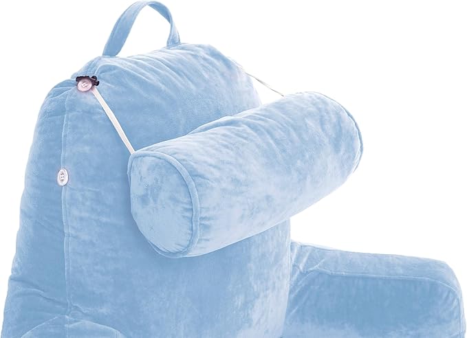 Husband Pillow XXL The Original for Adults - 30" Tall Backrest for Sitting Up in Bed - Firm Support Reading & Bed Rest Pillows for Adults, Neck Roll, Removable Cover - TV - Sky Blue