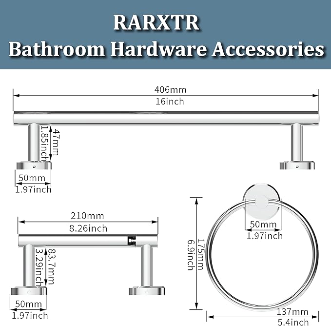 RARXTR 3pc Bathroom Hardware Set with Polished Toilet Paper Holder, Towel Ring, Towel Bar SUS304 Stainless Steel Toilet Paper Roll Holder Wall Mount, Bathroom Towel Holder, Towel Rack Set