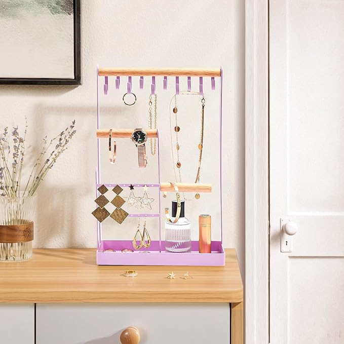 ProCase Jewelry Stand Holder Organizer, 4-Tier Necklace Holder with Ring Tray, 10 Hooks Necklaces Hanging Small Jewelry Display Storage Tower Tree for Bracelets Earrings Watches -Medium, Purple