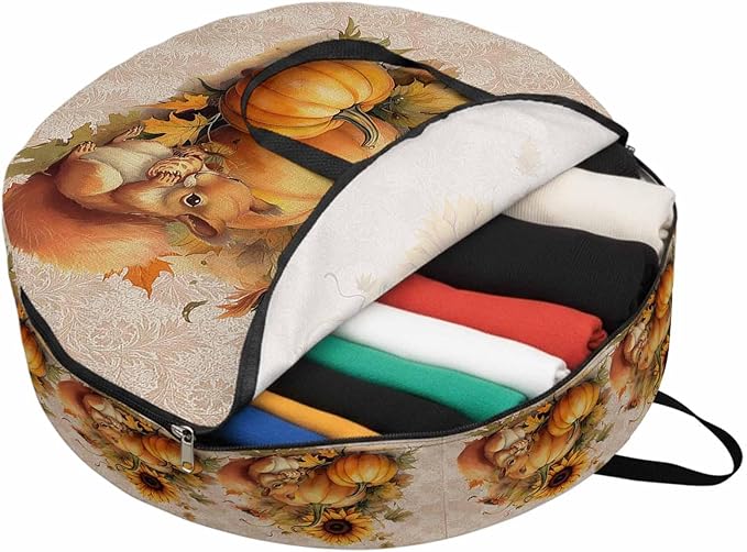 Thanksgiving Sunflowers Round Storage Bag 30 Inch, and Pumpkin with Squirrel Beige Clothes Storage Container with Handles Heavy Duty Organizer for Comforter, Bedding & Holiday Wreaths