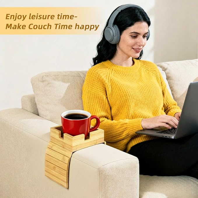 Bamboo Couch Cup Holder - Non-Slip Couch Armrest Tray for Recliner, Loveseat for Caddy Table for Drinks Cellphone TV Remote Storage(Large)