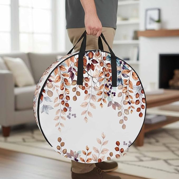 Storage Bag Autumn Eucalyptus Leaves Round Storage Totes Bins Closet Organizers with Zippers & Handle Teal Orange Leaf Berry Branch Clothes Storage Container for Bedroom Space Saving Packing Supplies