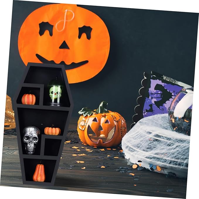Halloween Gothic Coffin Storage Rack Unique Horror Organizer for Home Decor Decorative Shelf for Candles Books and Collectibles for Goth Decor Enthusiasts