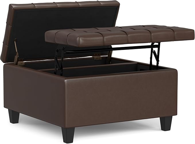 SIMPLIHOME Harrison Small Coffee Table Storage Ottoman - 30 inch Wide Upholstered Vegan Leather Square Lift-Top Ottoman in Chocolate Brown, Transitional Ottoman for Living Room with Hidden Storage
