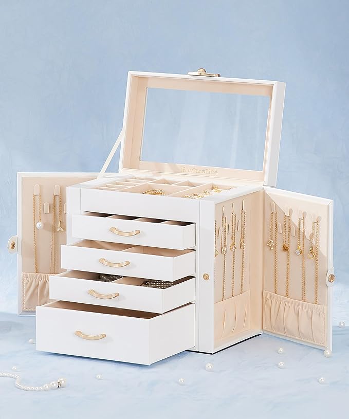 Enthralite Jewelry Box with 4 Drawers: Display Organizer for Earrings Necklaces - Gifts for Girls Women (White)