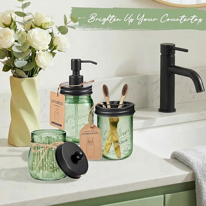 SheeChung Mason Jar Toothbrush Holder, Green Glass Toothbrush Holder for Bathroom Countertop Organizer, Stainless Steel Lid, Electric Toothbrush Toothpaste Holder Storage, Black Bathroom Accessories