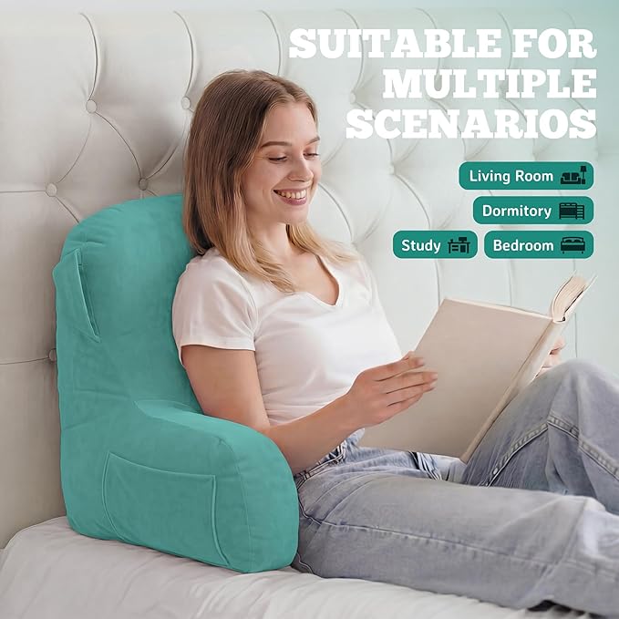 Unisakey Portable Comfy Reading Pillows for Bed Sitting Up(Lake Blue Oeko-Tex), Velvet Back Pillow with Arms & Pockets for Adults, Support Memory Foam Bed Pillow for Dorm/Reading/Watching/Gaming