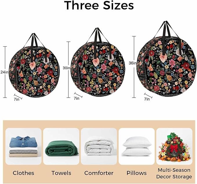 Storage Bag Black Floral Round Storage Totes Bins Closet Organizers with Zippers & Handle Farmhouse Vintage Flower Clothes Storage Container for Bedroom Dorm Space Saving Packing Supplies Moving Bags