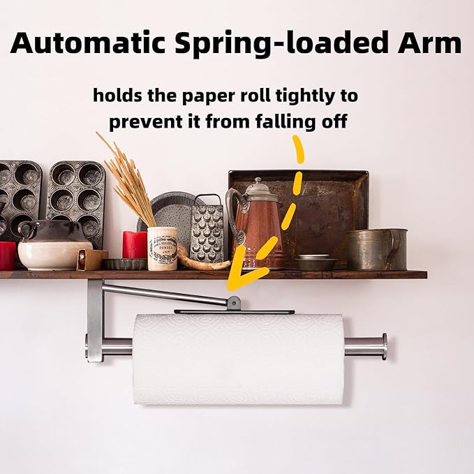 Upgraded Kitchen Paper Towel Holder - One-Hand Tear Under Cabinet Stick-on Towel Rack for Hanging Paper - First Apartment Essentials Wall Mount Self Adhesive Stainless Steel Rack Fits