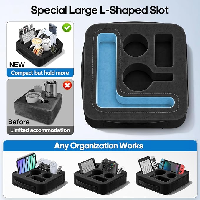 Couch Cup Holder Pillow, Sofa and Bed Caddy for iPad, Kindle, Switch, Game Controller, Remotes, Phones, Small-Sized Cup and Drink Holder for Couch, Bed, Desk, Car, Beach, Bathroom Cup Holder, Black