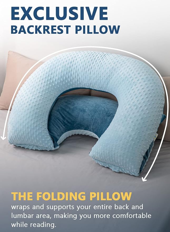 INSEN Reading Pillow, Back Pillow for Sitting in Bed for Reading, Nurse & Relax, Reading Pillow for Adults, Moms & Kids, Sit Up Pillow for Bed, Double-Sided Blue