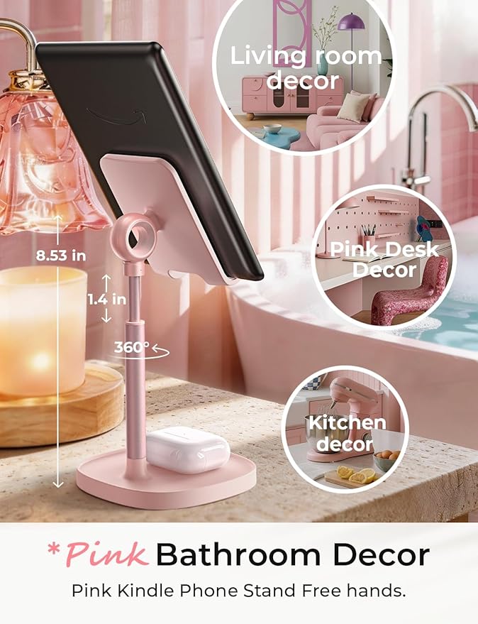 LISEN Pink Vanity Girls Room Decor Kitchen Decor and Accessories, Cute Pink Phone Stand Bathroom Essentials Decor Desk Accessories for Kindle Stand iPad mini Moms Gift Birthday Decorations 4-10 inch
